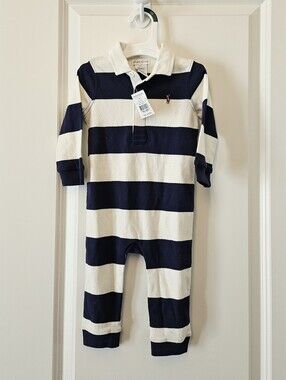 NEW Ralph Lauren Navy & White Striped Baby Rugby Romper